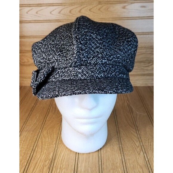 Nine West Womens Black Cadet Cabbie Newsboy Cap Hat With Black Bow Cute ! - Picture 5 of 7